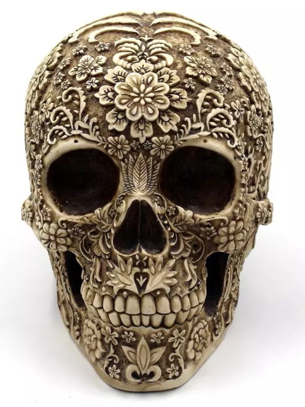 Floral Carved Decorative Skull in Aged Ivory